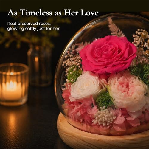 FIACO Pink Preserved Rose Gift in Glass Dome with LED Light - Long-Lasting Flower Decoration for Women, Mom, Wife, Valentine's Day, Christmas