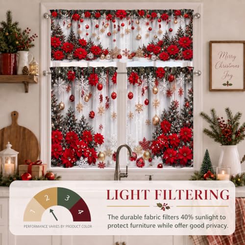 ZORKET Xmas Poinsettia 36W x 55L 3-Piece Kitchen Curtain Set with Valance (Over Sink) - Holiday Window Decor