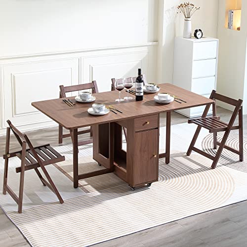 Drop Leaf Folding Dining Table with Storage and Wheels, Walnut