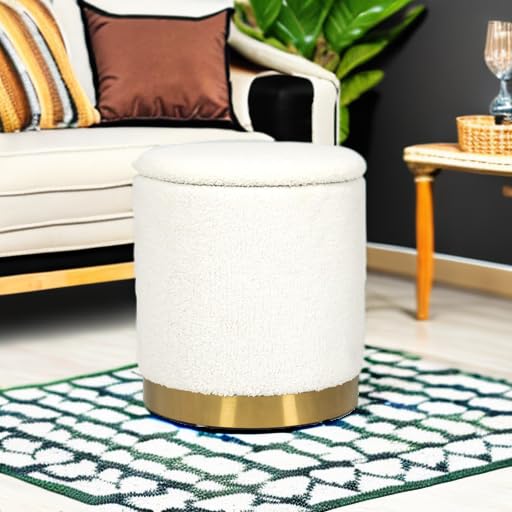 Round Boucle Storage Ottoman with Gold Base, Plush Vanity Foot Stool