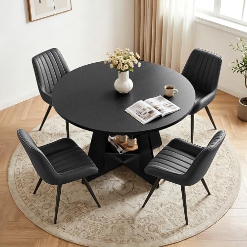 Extendable Round to Oval Dining Table Set with 4 Upholstered Chairs