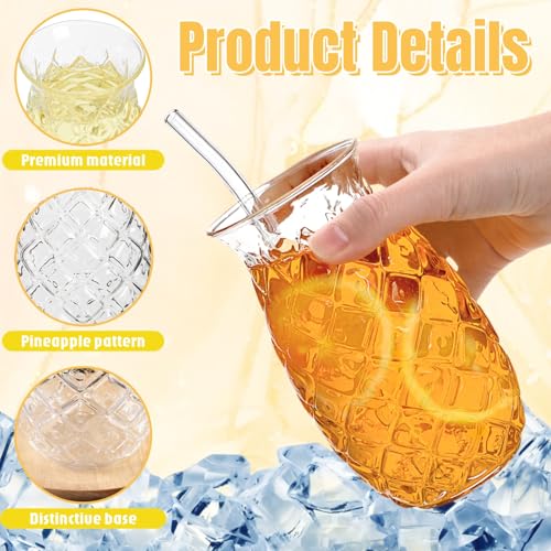 6-Pack Pineapple Drinking Glasses with Straws, 17 Oz Embossed Glassware