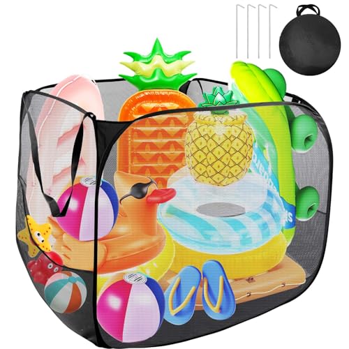 Pop-Up Pool Toy Storage Bin, Large Mesh Organizer with Side Pockets