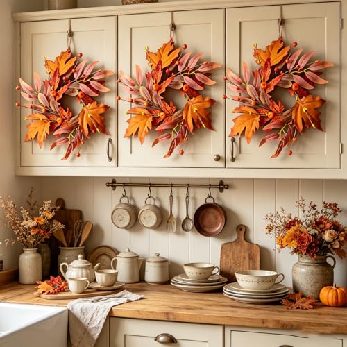 6 PCS 9-Inch Mini Fall Wreaths for Kitchen Cabinets, Thanksgiving Autumn Decor