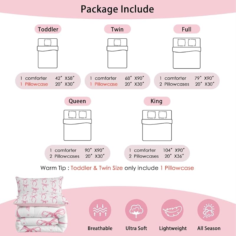 Twin Size Pink Bow Comforter Set, Cute Ribbon Bedding for Girls