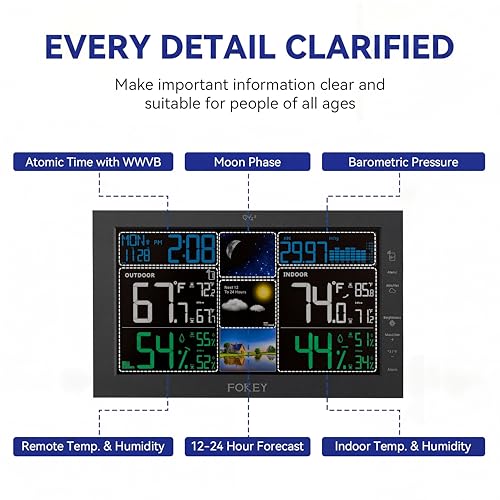Wireless Indoor Outdoor Weather Station with Atomic Clock and Color Display