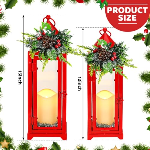 Baquler 2-Pc Red Christmas Lanterns with LED Candles – Farmhouse Metal Decor