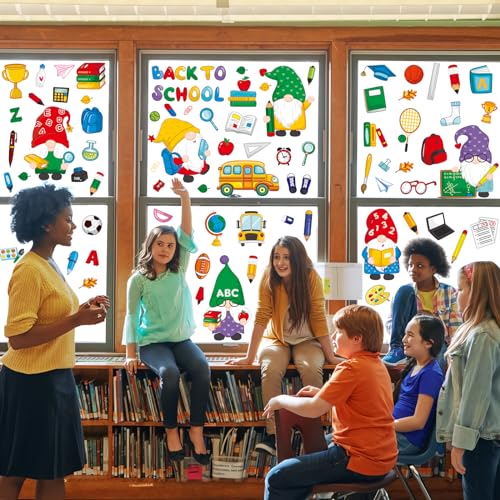 Back to School Gnome Theme Window Clings - 100 Reusable Stickers