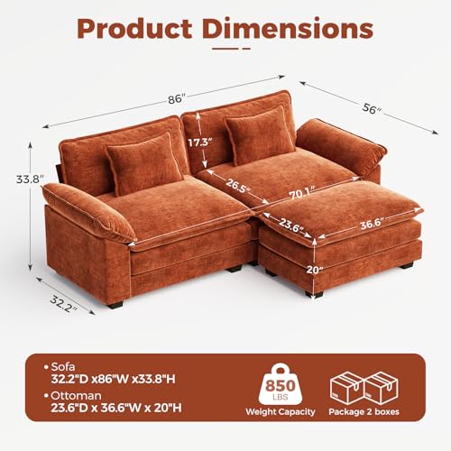 86" Modular L-Shaped Sectional Sofa with Movable Ottoman, Terracotta