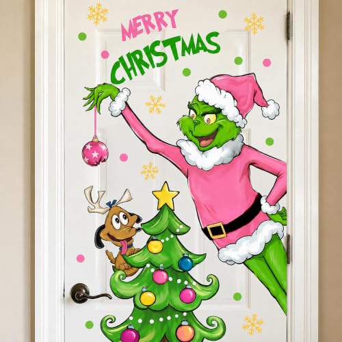 Pycat Pink Variation Christmas Window Decals Set with Green Santa & Tree - Easy Peel