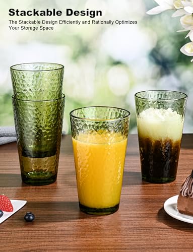 Amyoole Green 16oz Hammered Highball Drinking Glasses Set of 8 - Dishwasher Safe