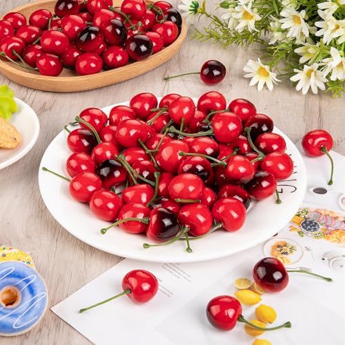 90 Pcs Fake Cherries - Artificial Red & Black Cherry Decor
