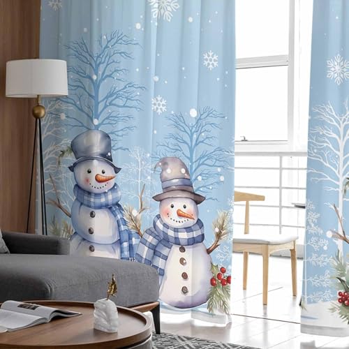 ZOE GARDEN 52x96 Craft Blue Snowman Chiffon Curtains 2-Piece Set, Rod Pocket Voile Panels