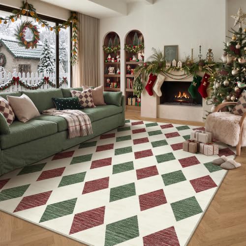 PureCozy Christmas Area Rug 8x10 Checkered Red Living Room Carpet Xmas Style