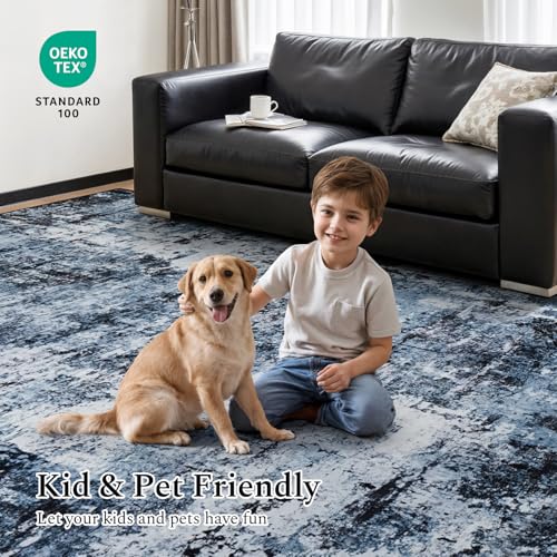 Washable 8x10 Area Rug, Non-Slip Low Pile Abstract Carpet for Living Room