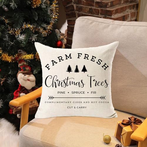 Farmhouse Christmas 20x20 Inch Cotton Linen Throw Pillow Cover - White