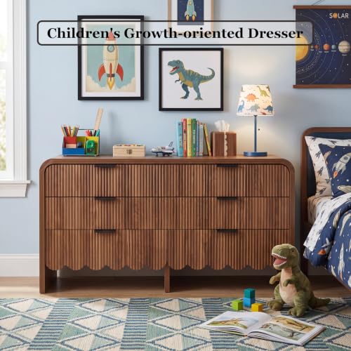 YMW Walnut Scalloped Dresser with 6 Drawers, 15.4"D x 59.1"W x 29.5"H Bedroom Storage