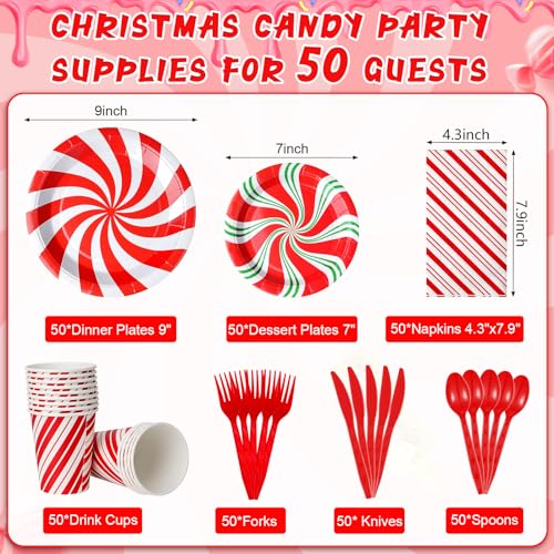 350 Pack Christmas Candy Cane Party Plates Napkins Cutlery Set for Holiday Celebration