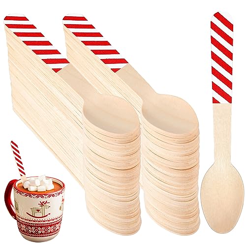 Umigy 100 Pcs Christmas Disposable Wooden Spoons 5.5'' Red White Stripe (Variation: Red White Stripe)