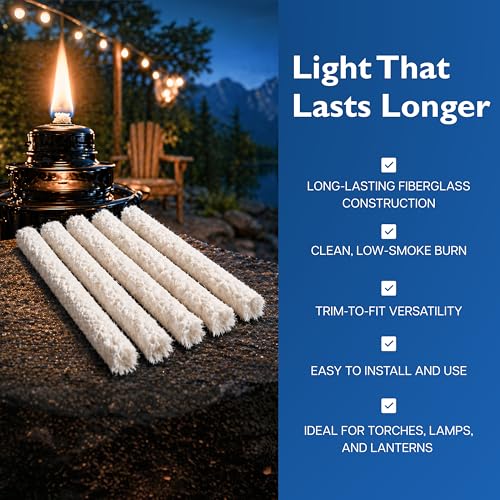 Fiberglass Tiki Torch Wicks Replacement - 6 Pack, 1/2" Diameter, Trim to Fit