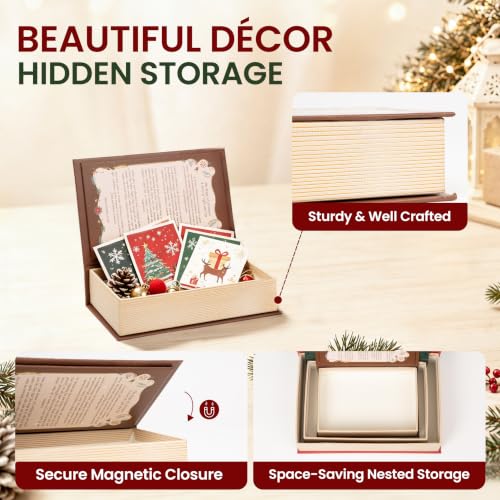 AELS 3-Piece Christmas Decorative Book Boxes with Hidden Storage – 8.3in, 7.1in, 5.9in