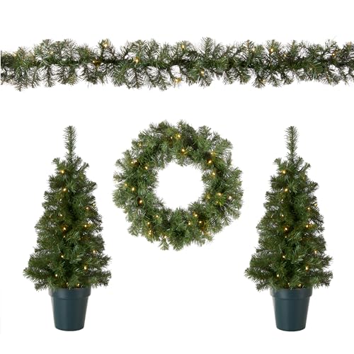 Pre-Lit Artificial Christmas Tree Set with Wreath and Garland - Indoor & Outdoor Holiday Decor