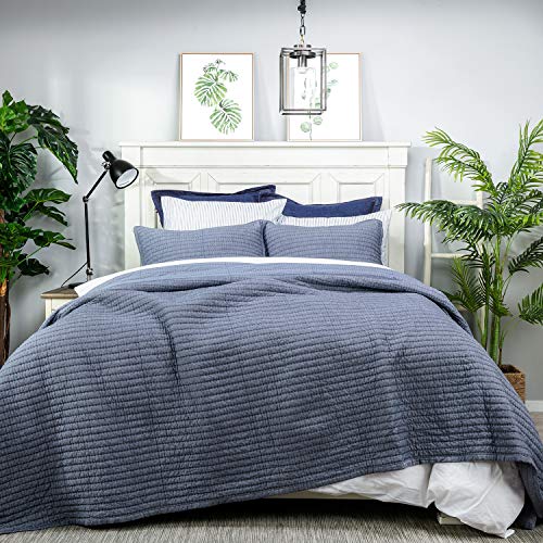Cotton Chambray Standard Pillow Sham - Blue Channel Stitched Cover
