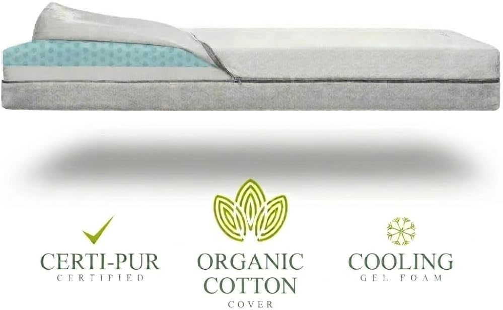 Regine Switzerland Organic Cotton Crib Mattress - Dual-Sided 2-Stage Memory Foam, Hypoallergenic, Waterproof Cover, 52x27.5x5.5