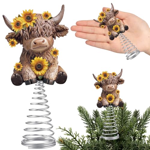 Sunflower Highland Cow Miniature Tree Topper - 5.1" Resin Spring Base Decor