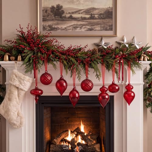 Hungdao 14pcs Vintage Red Glass Christmas Ornaments - Satin Ribbon Hangers