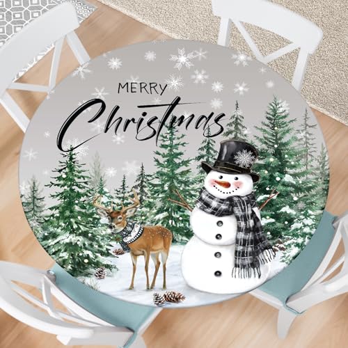 Kamoor 48" Round Elastic Christmas Tablecloth – Fitted Waterproof Snowman / Evergreen Pattern