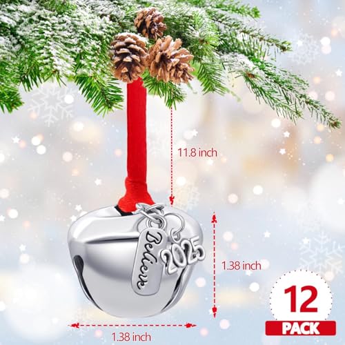 12-Piece Silver Christmas Jingle Bells with Believe Charm for Tree Decor