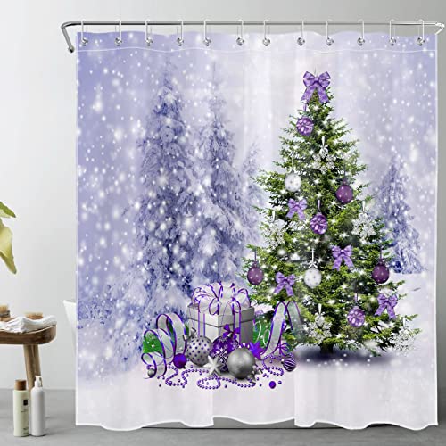 Purple Christmas Tree Shower Curtain 72x72 Inches Waterproof Holiday Bathroom Decor with 12 Hooks