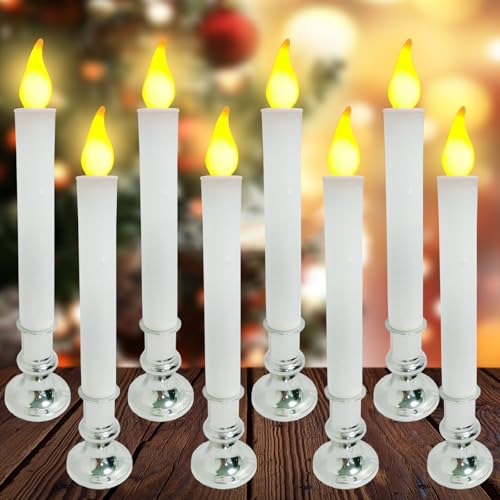 Silver 8-Pack Dusk-to-Dawn Sensor LED Christmas Window Candles - Battery Operated, Flameless Indoor Decor