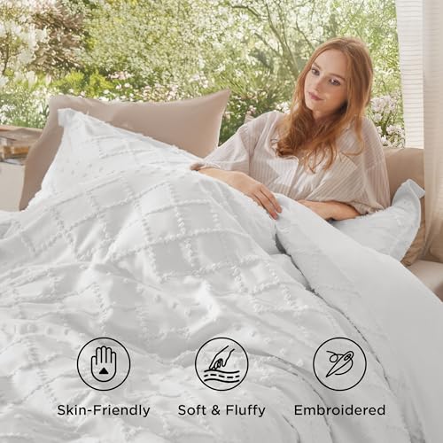 Boho Queen Duvet Cover Set - 3-Piece Soft Tufted Embroidery Bedding