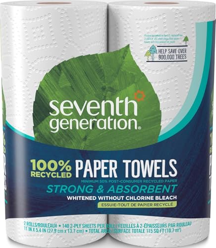 100% Recycled 2-Ply Paper Towels, Absorbent Cleaning Sheets - 2 Rolls