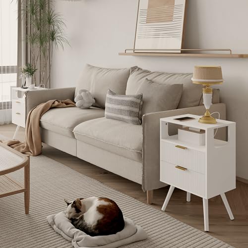 Modern White Nightstand with Charging Station, 2 Drawers and LED Lights