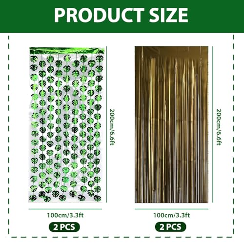 Tropical Leaf Foil Fringe Curtains (4 Pcs) - Gold & Green Luau Decor, 3.3x6.6 ft