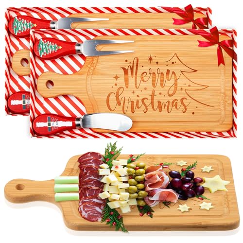 Christmas Cheese Board and Knife Set - Square Mini Wooden Serving Tray with Holiday Design - 2 Pack