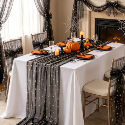 B-COOL Black Gold Bow Halloween Table Runner 3pcs 28x120in Tulle Gauze Decor