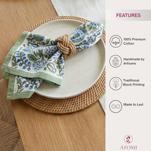 Clover Blue Cotton Dinner Napkins, Handblock Print 20x20 Inch Set of 4