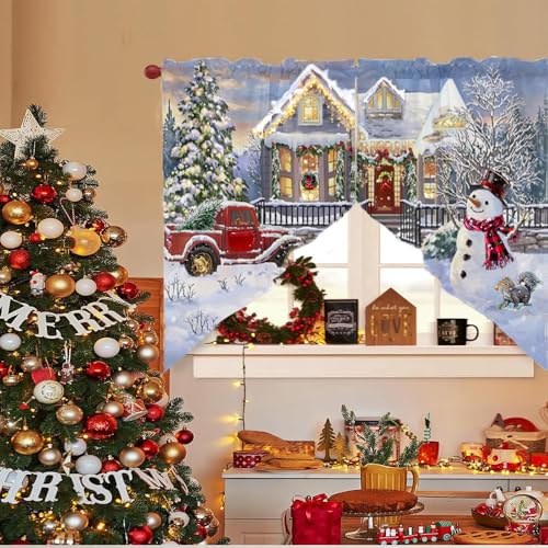 Deblaker Snowscape Christmas Burlap Swag Curtains for Windows, Red Truck & Snowman, 56"Wx36"L, Pack of 2