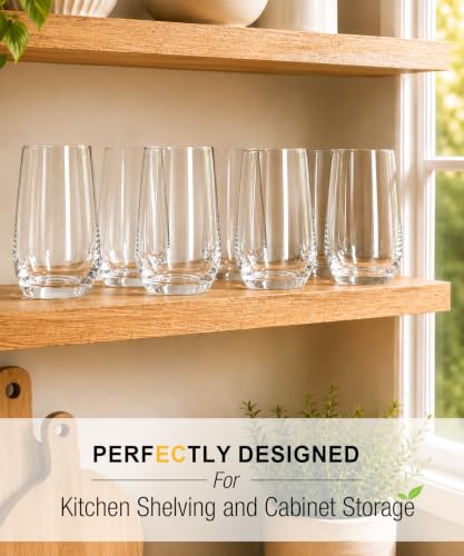 16oz Drinking Glasses Set of 8 - Lead-Free Crystal Tall Water Glassware, Durable & Stackable
