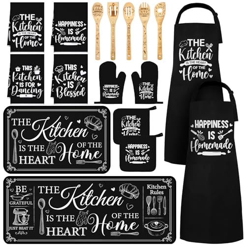17-Piece Black and White Kitchen Decor Set with Aprons, Rugs, and Utensils