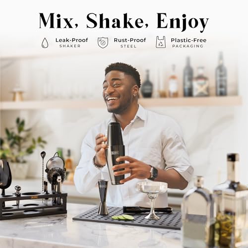 Bare Barrel Mixology Bartender Kit Jet Black 28oz Boston Shaker, 16-Piece Bar Set with Recipe Cards