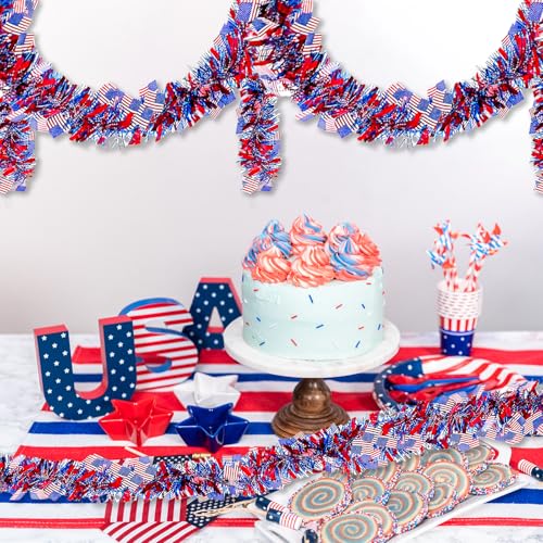 Patriotic Red White & Blue Tinsel Garland with American Flags - 4 Pack