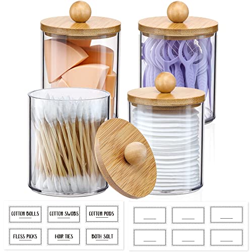 4 Pack Apothecary Jars with Bamboo Lids - 10 oz Clear Plastic Storage Containers for Bathroom Vanity