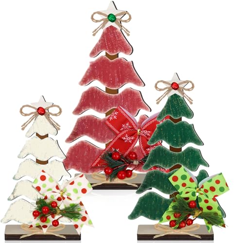 CroBlissful Classic 3-Piece Wooden Christmas Tree Tabletop Decor Set