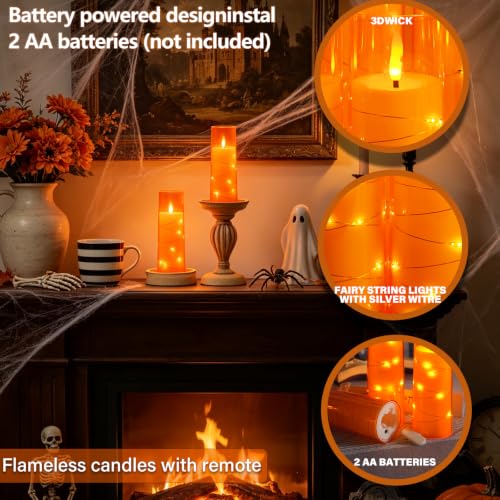 Sasigeiaa Orange 7-Star Flameless Candles Set with Remote - Battery LED Pillar Candles