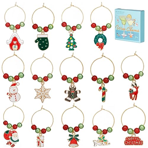 Golden Tone Christmas Wine Glass Charms 14 Sets with Gift Box - Holiday Beading Hoops & Markers